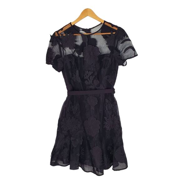 Milly Hannah Organza Belted Floral Embroidered Mini Dress Black Sheer Size 6 NEW - Picture 5 of 16